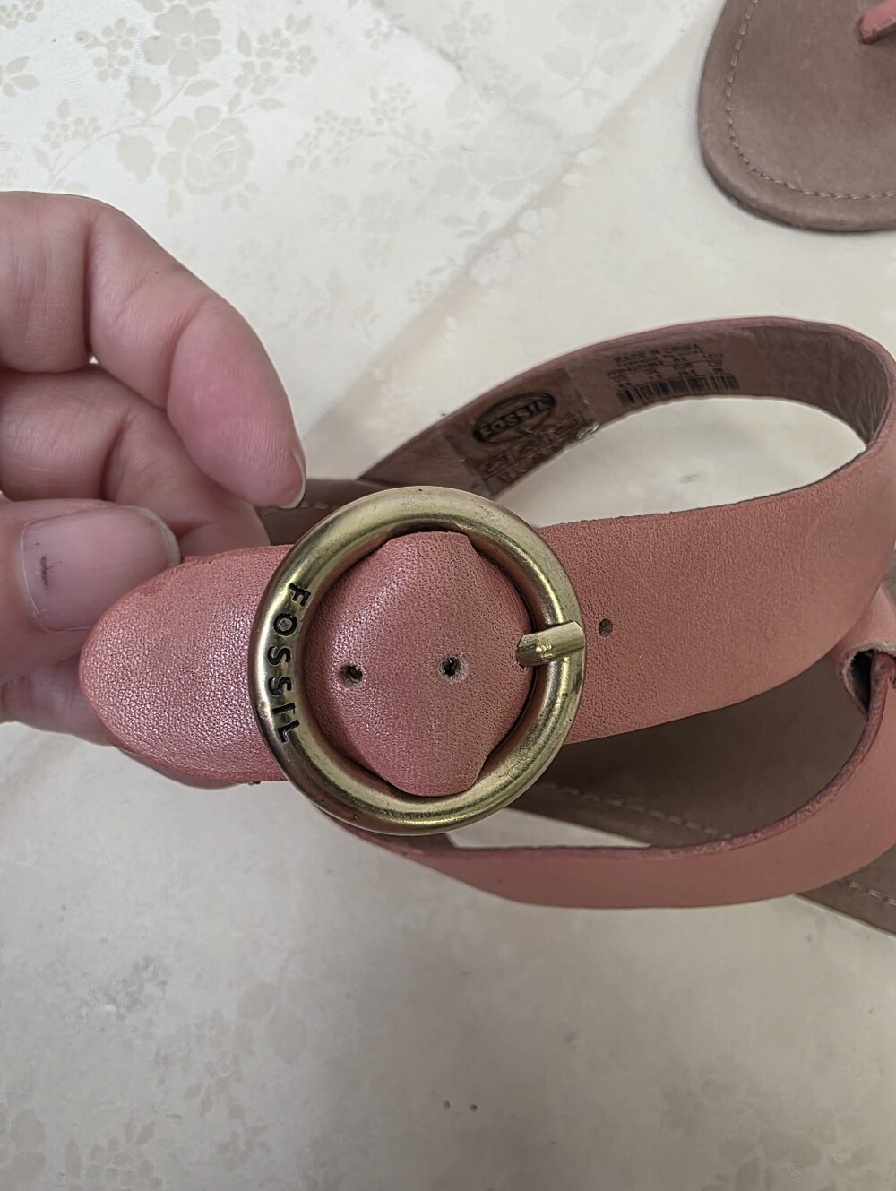 Fossil Pink Leather Ankle Strap T-Strap Flat Thong Sandals Size 8.5 - Picture 3 of 8